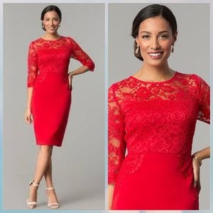 Jax Red Illusion Lace Bodice 3/4 Sleeve Dress